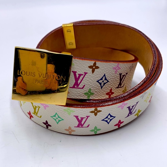 Auth Louis Vuitton Multicolor Monogram White Toile Ceinture Calle Belt 80/32 Ex+ - Picture 4 of 7